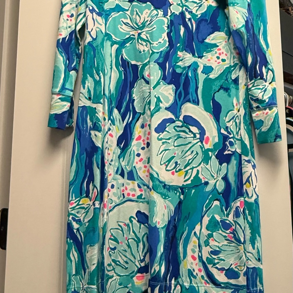 Lilly Pulitzer Sophie Teal and Aqua Floral Long Sleeve Dress